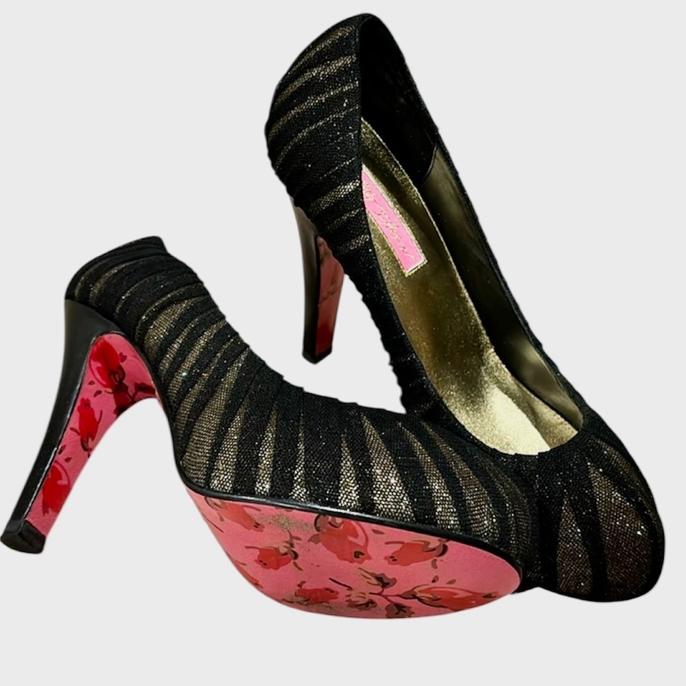 Betsey Johnson Black and Gold Stiletto Platform Heels, 8